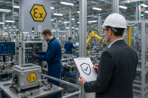 Internes Audit nach ISO 80079-34 in einer Produktionshalle mit für explosionsgeschützte Fertigungsanlagen.
