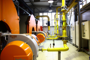 Heizungs- und Anlagentechnik in einem Technikraum mit orangefarbenen Kesseln, gelben Rohrleitungen und industriellen Armaturen. Die technische Gebäudeausrüstung dient als Beispiel für Energieaudits nach DIN EN 16247 zur Analyse und Optimierung des Energieverbrauchs.