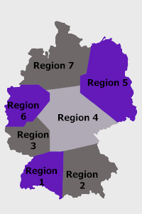 Karte der Bundesrepublik Deutschland, eingeteilt in 7 Regionen für unsere Dienstleistungen.